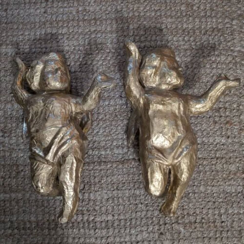 Vintage Pair mache paper Gold Cherub Wall Decor